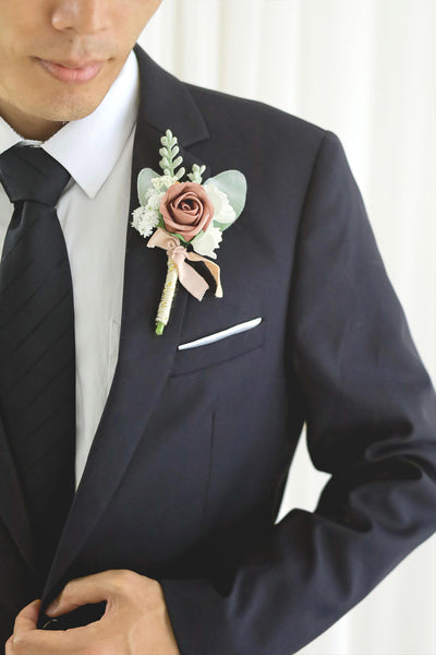 Wedding Boutonniere for Men in Elegant Dusty Rose, Set of 6