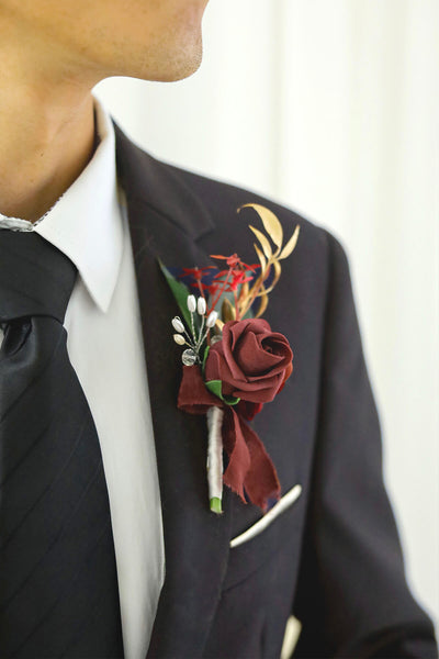 Wedding Boutonniere for Men in Burgundy&Dusty Rose, Set of 6