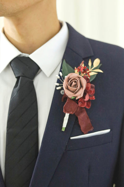 Wedding Boutonniere for Men in Burgundy&Dusty Rose, Set of 6