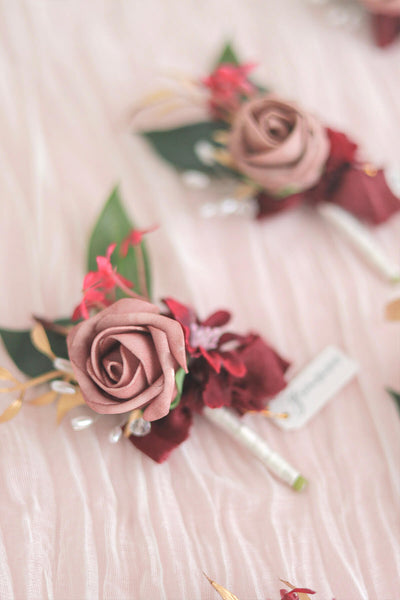 Wedding Boutonniere for Men in Burgundy&Dusty Rose, Set of 6