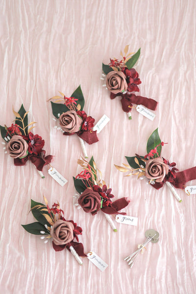 Wedding Boutonniere for Men in Burgundy&Dusty Rose, Set of 6