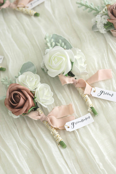 Wedding Boutonniere for Men in Elegant Dusty Rose, Set of 6