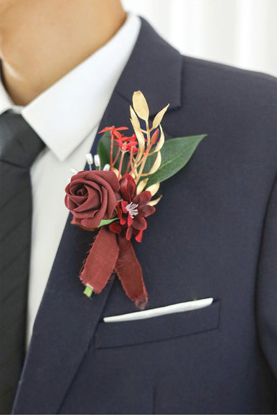 Wedding Boutonniere for Men in Burgundy&Dusty Rose, Set of 6
