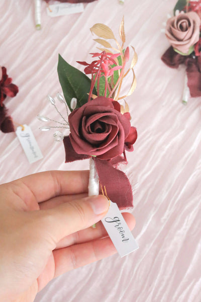Wedding Boutonniere for Men in Burgundy&Dusty Rose, Set of 6
