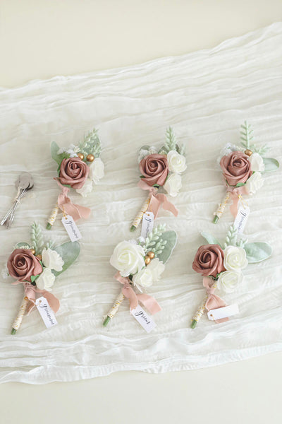 Wedding Boutonniere for Men in Elegant Dusty Rose, Set of 6