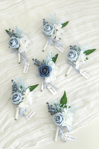 Wedding Boutonniere for Men in French Dusty Blue, Set of 6