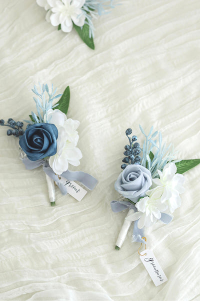 Wedding Boutonniere for Men in French Dusty Blue, Set of 6