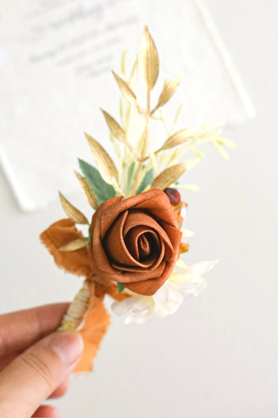 Wedding Boutonniere for Men in Chic Terracotta, Set of 6
